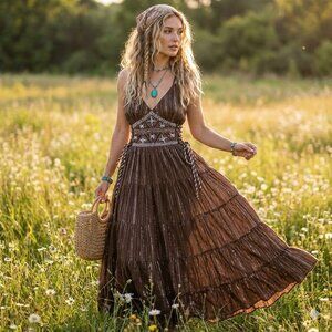 Vintage 90s ECI Beaded Maxi Dress Sz 10 Whimsical Boho Fairy Grunge Metallic